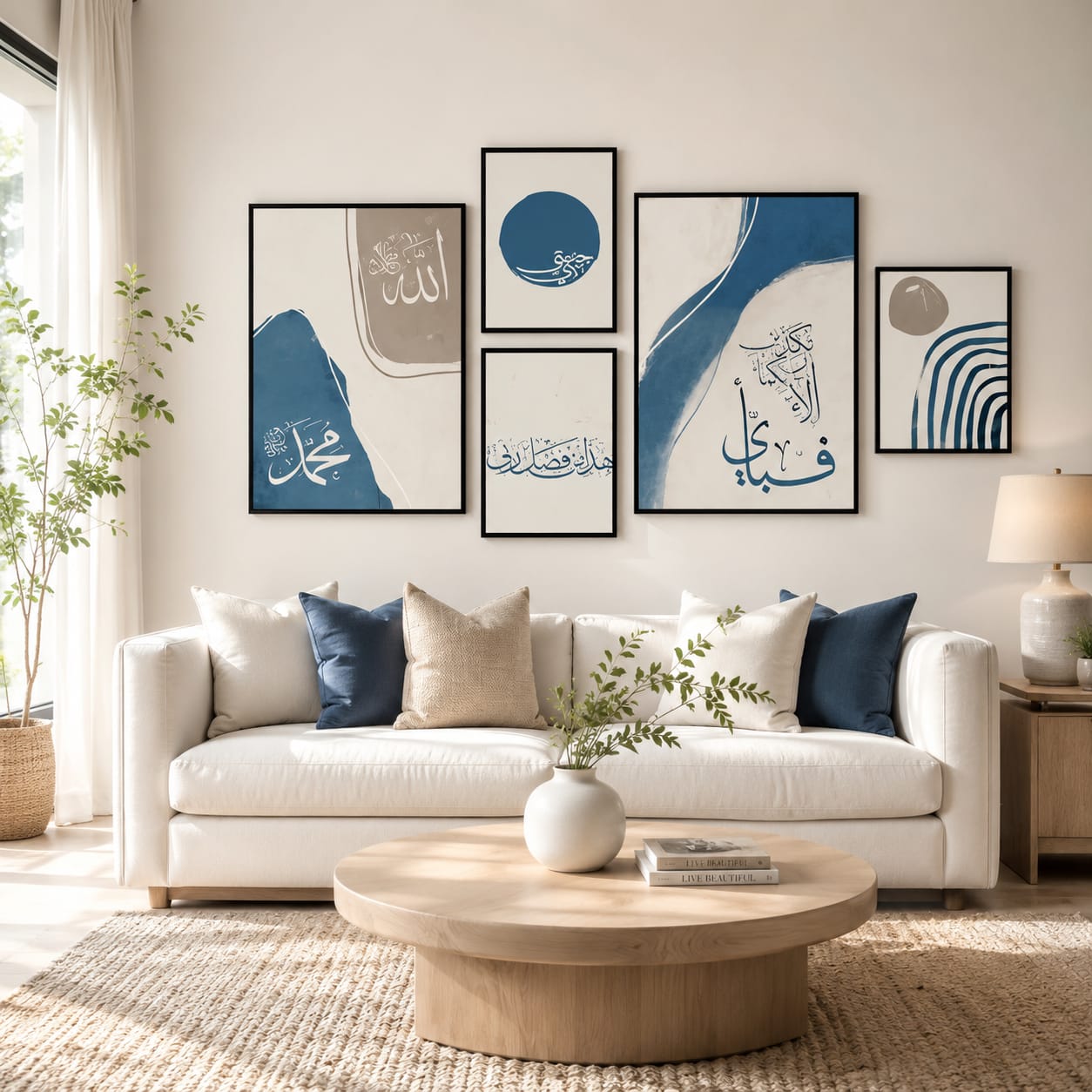 Allah Muhammad navy blue abstract Islamic calligraphy asymmetric gallery wall set of 5 black frames with Fabi Ayyi Ala and Hasbunallah on cream background