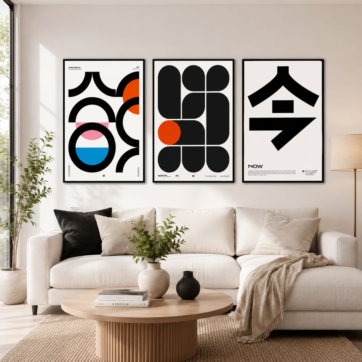 Three Circles Exhibition Now Bauhaus Japanese graphic art gallery wall set of 3 black frames with bold geometric shapes in black orange pink and blue on white