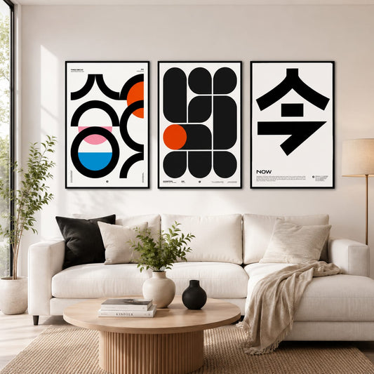 Three Circles Exhibition Now Bauhaus Japanese graphic art gallery wall set of 3 black frames with bold geometric shapes in black orange pink and blue on white