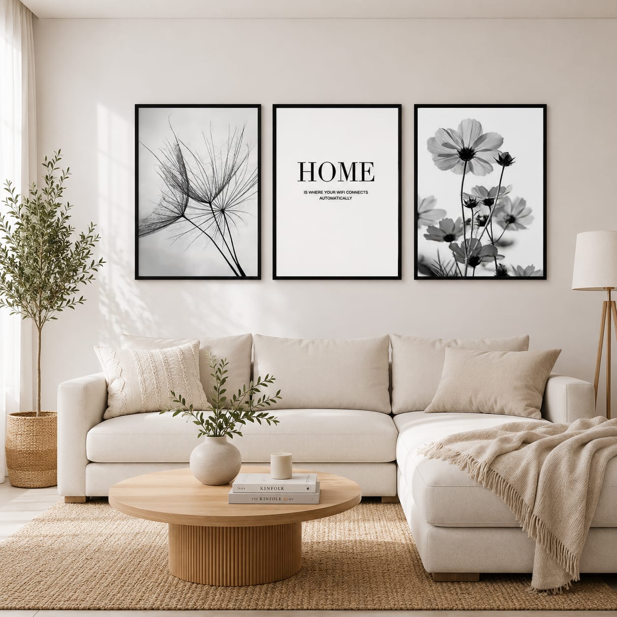Home WiFi black and white botanical Scandi gallery wall set of 3 black frames with dandelion macro cosmos flowers and typography quote