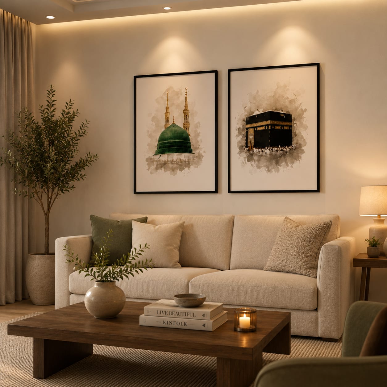 Madinah Green Dome and Makkah Kaaba watercolour Islamic gallery wall set of 2 black frames on warm cream background