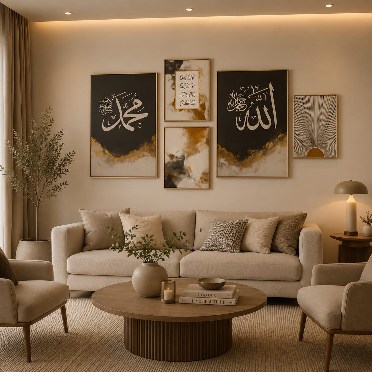 Allah Muhammad gold smoke black luxury Islamic asymmetric gallery wall set of 5 gold frames with tasbeehat sunburst and abstract smoke art