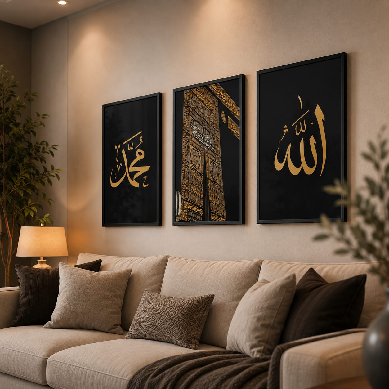 Allah Muhammad gold calligraphy on black with Kaaba golden door photography luxury Islamic gallery wall set of 3 black frames