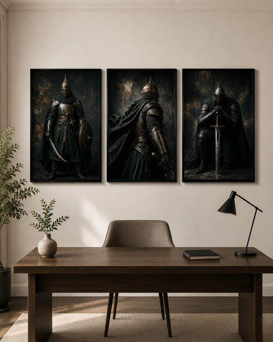 Dark Armor Warrior — Medieval Knight Portrait Gallery Wall Set of 3 Frames