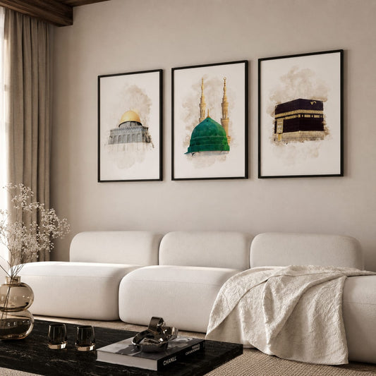Makkah Madinah and Al-Aqsa 5-piece Islamic framed wall art set