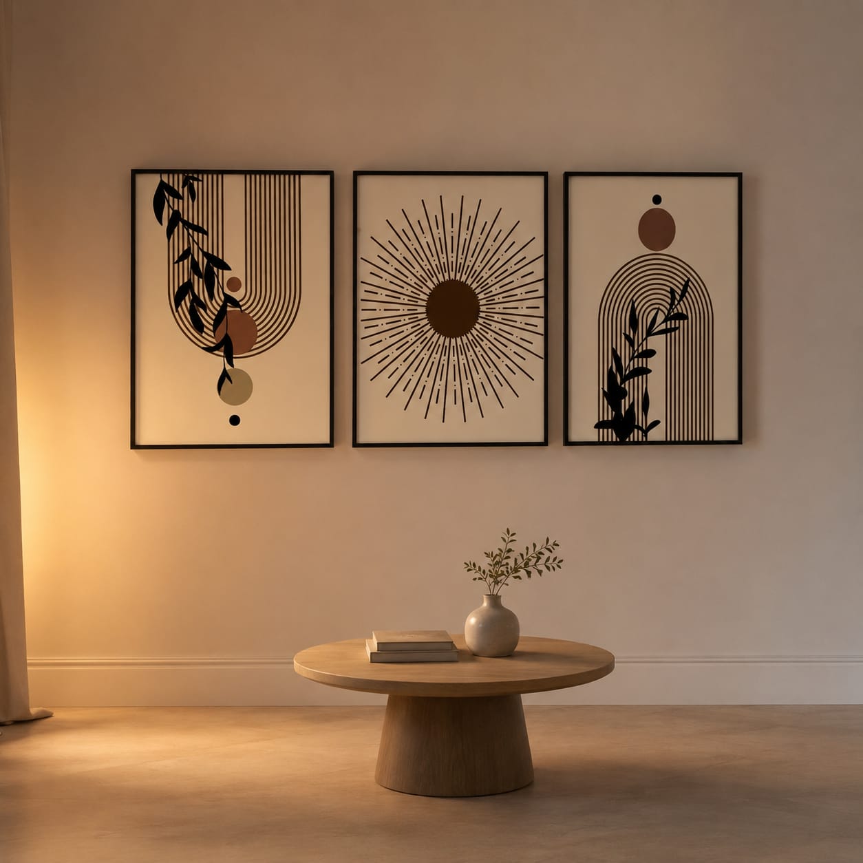 Modern boho abstract 3-piece framed gallery wall set in a warm interior