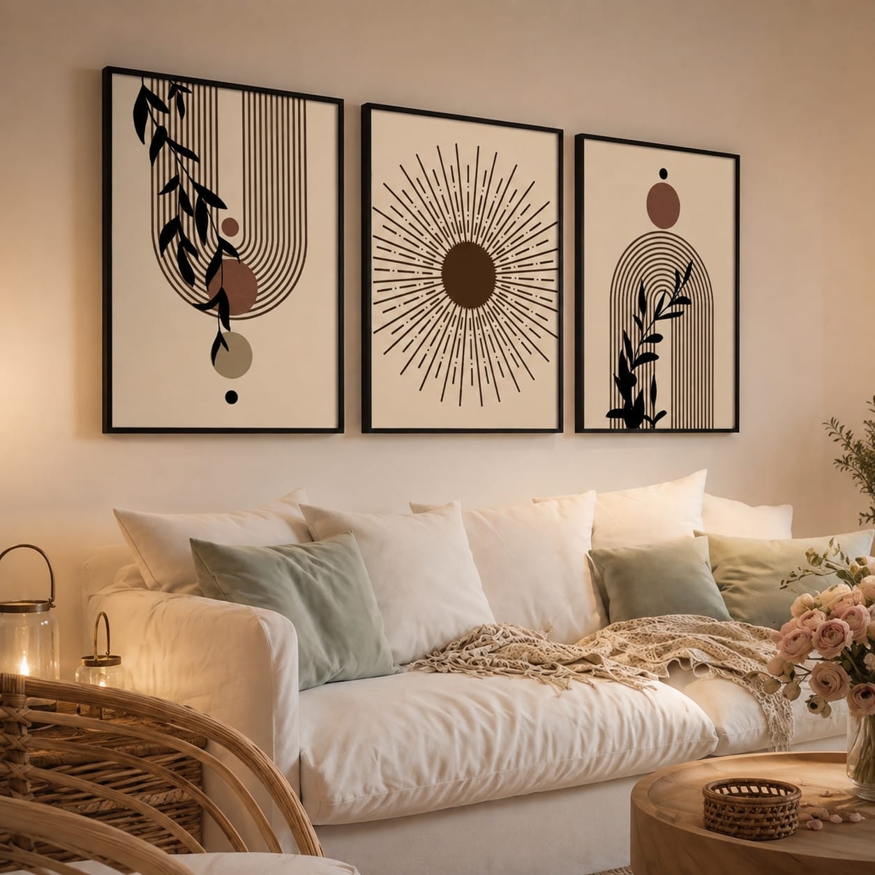 Modern boho abstract 3-piece framed gallery wall set above a sofa