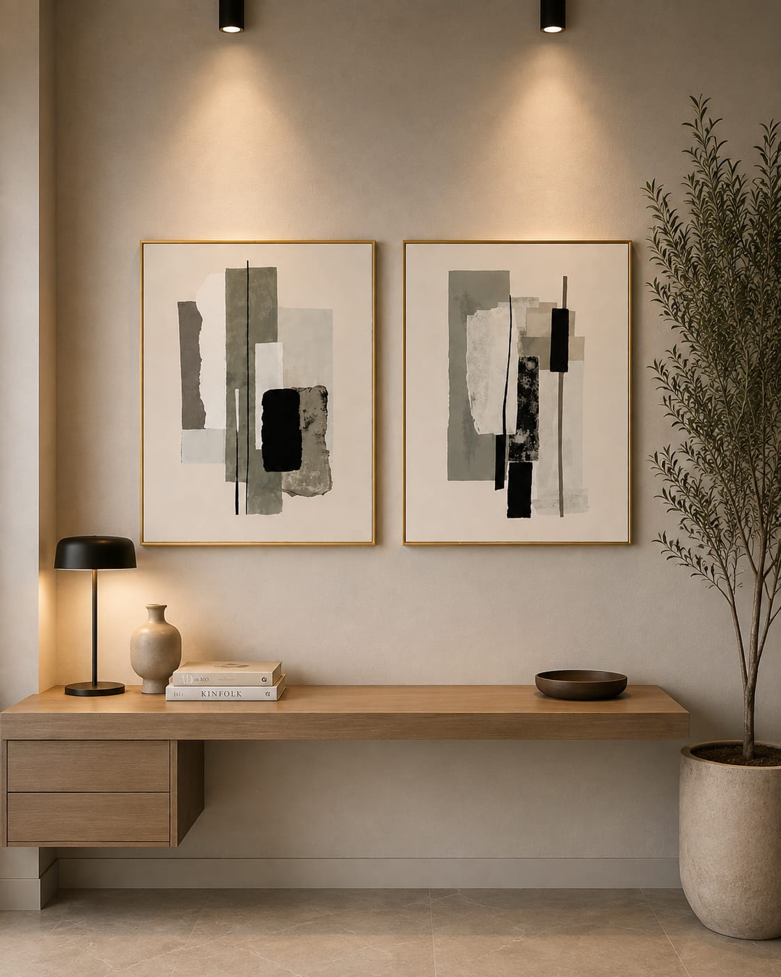 Modern neutral abstract geometric wall art set of 2 frames