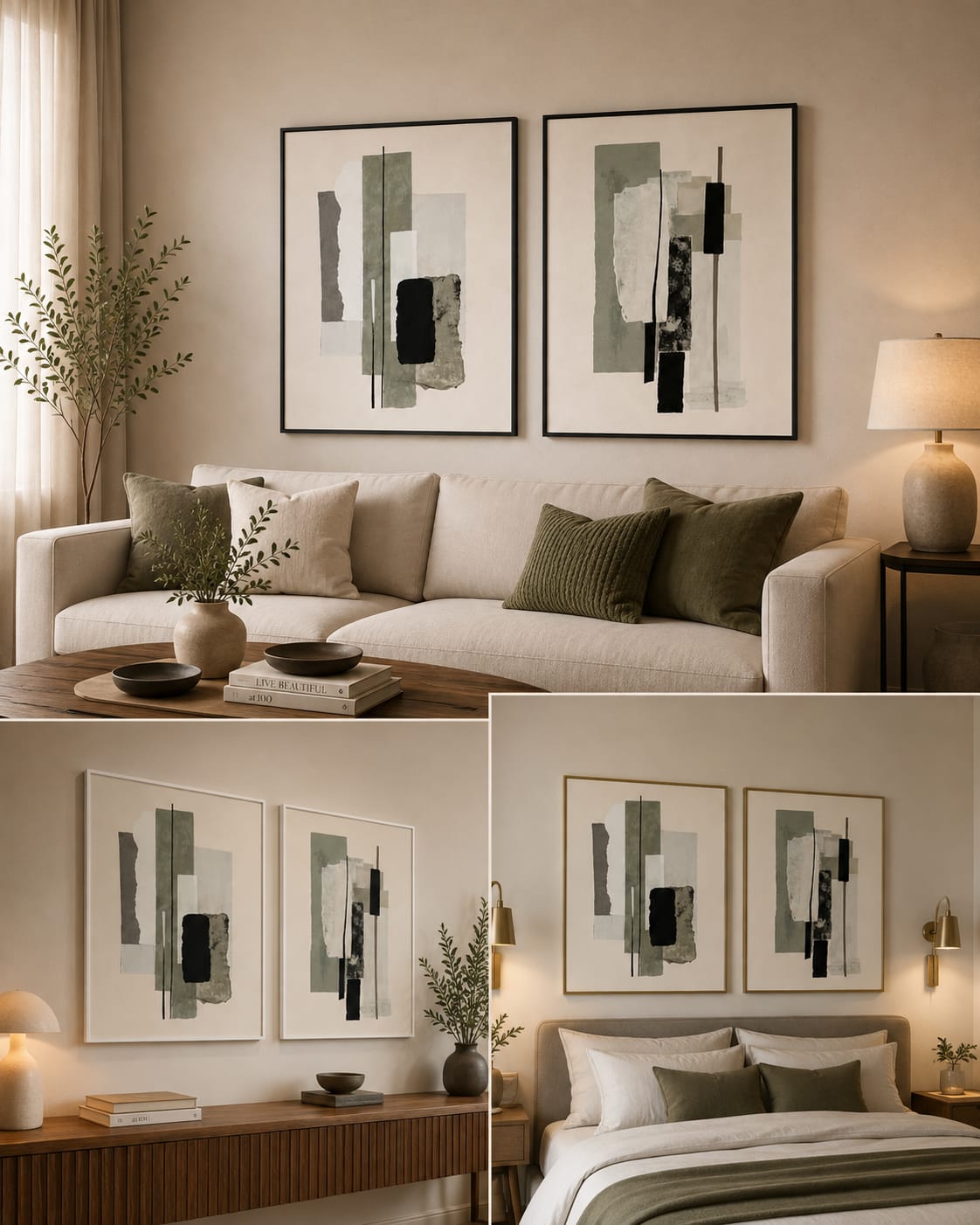 Modern neutral abstract geometric wall art set of 2 frames in living room and bedroom